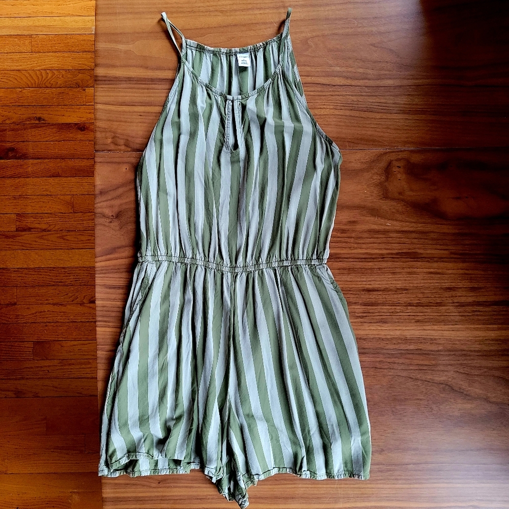 Old Navy Green Striped Romper WITH POCKETS
